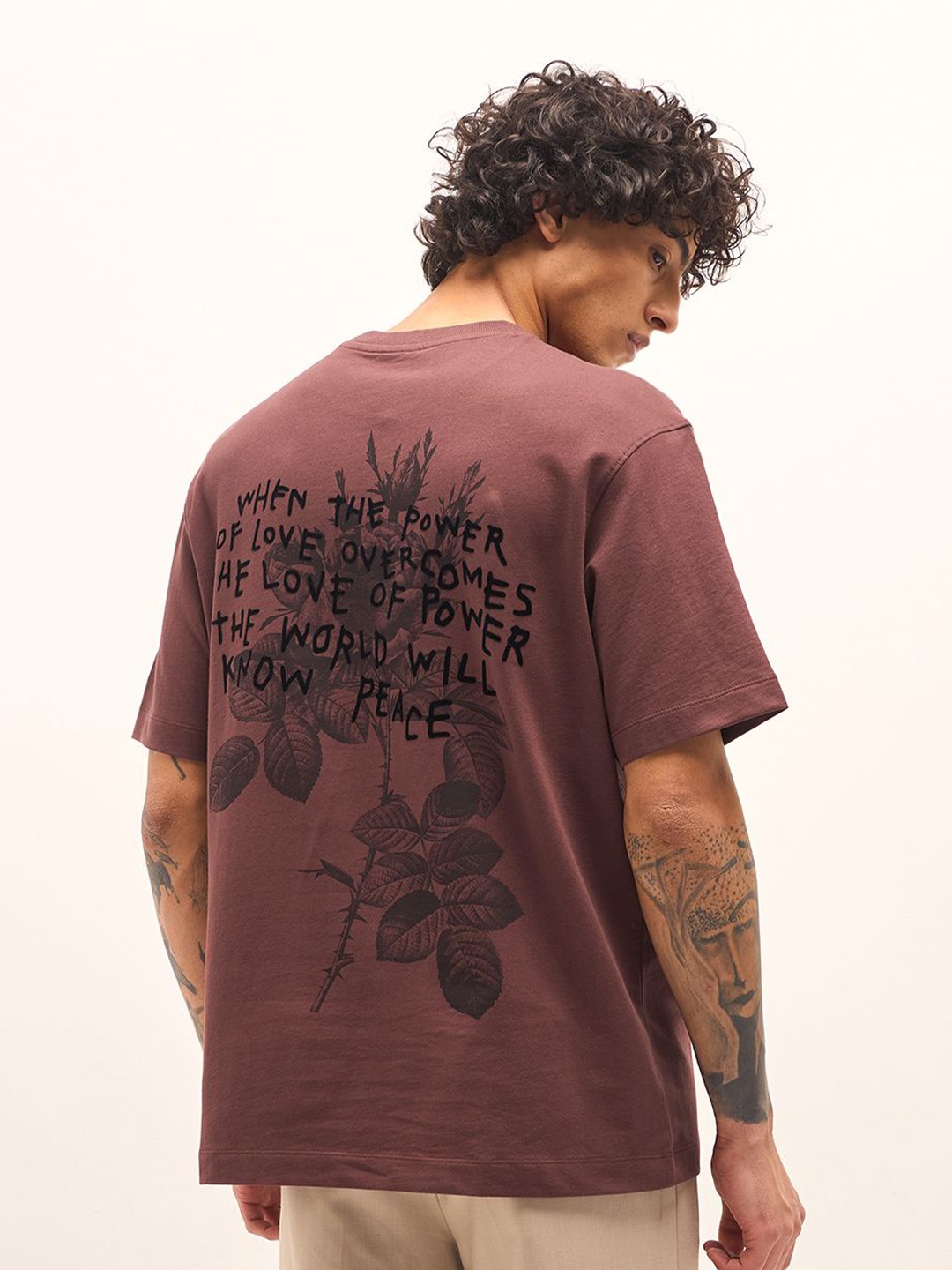 

THE BEAR HOUSE Men Printed Drop-Shoulder Sleeves T-shirt, Brown