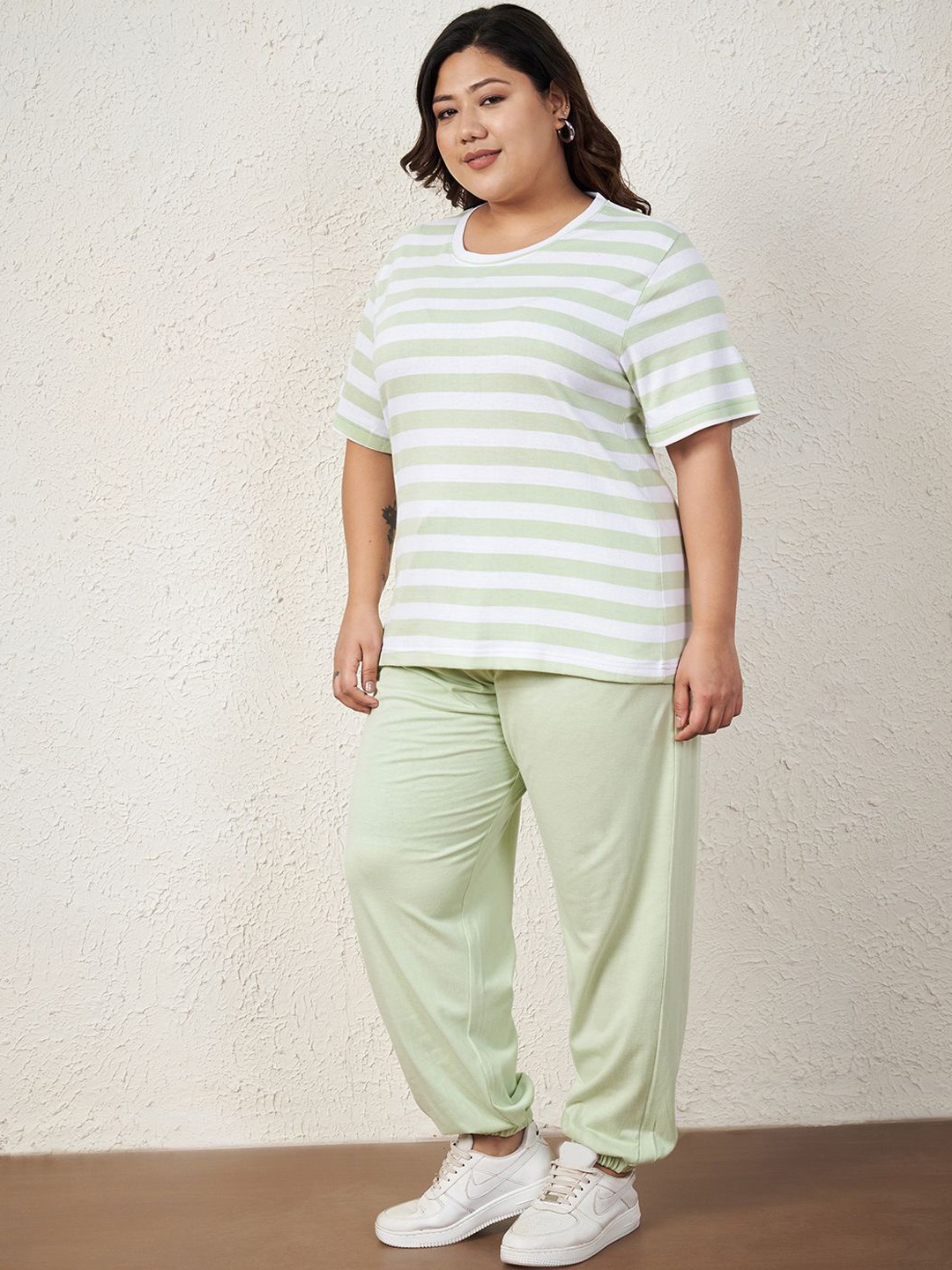 

AUSTIVO Striped Round Neck T-Shirt With Joggers Co-Ords Set, Sea green