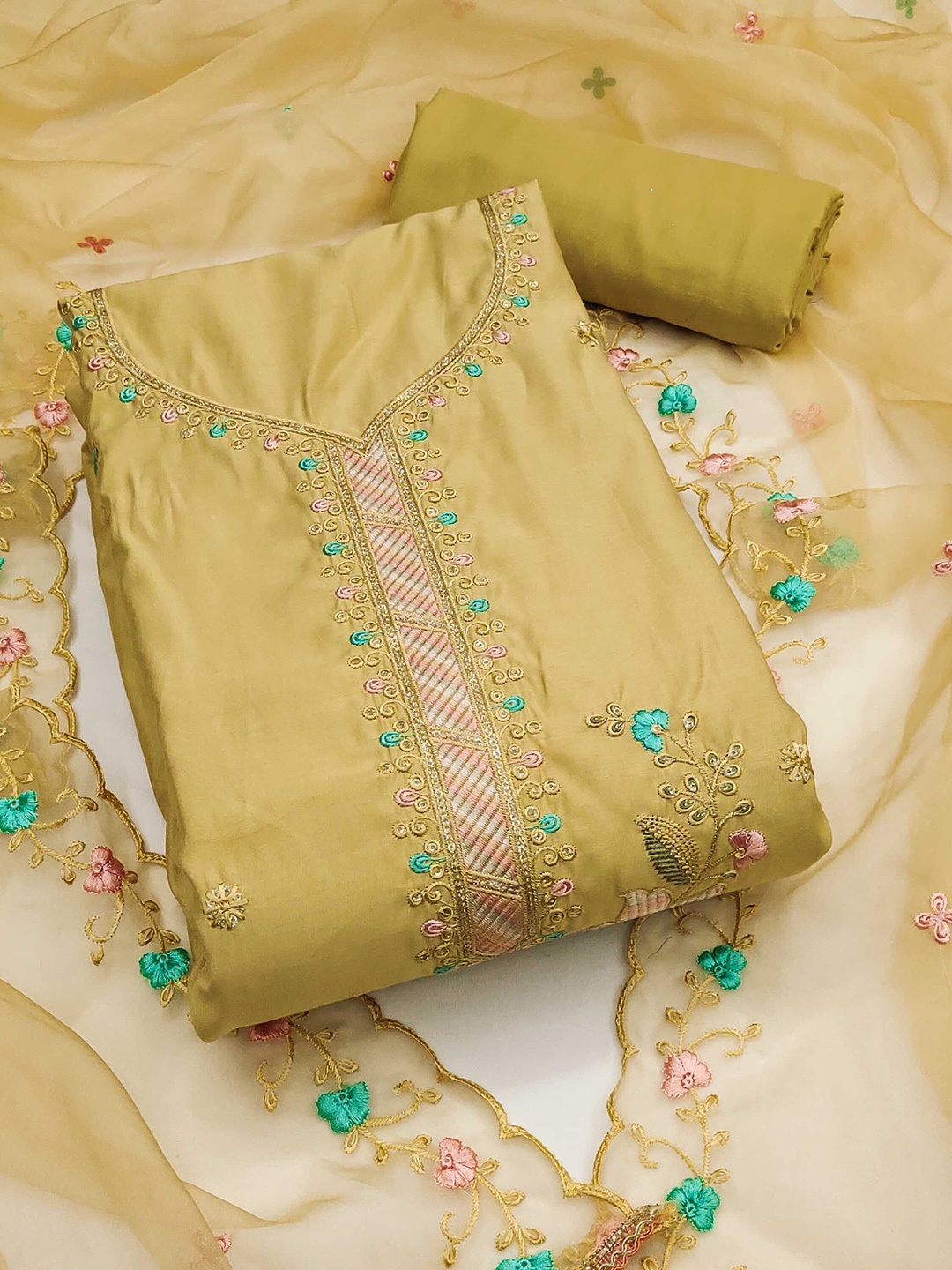 

SHADOW & SAINING Embroidered Pure Cotton Semi-Stitched Dress Material, Yellow