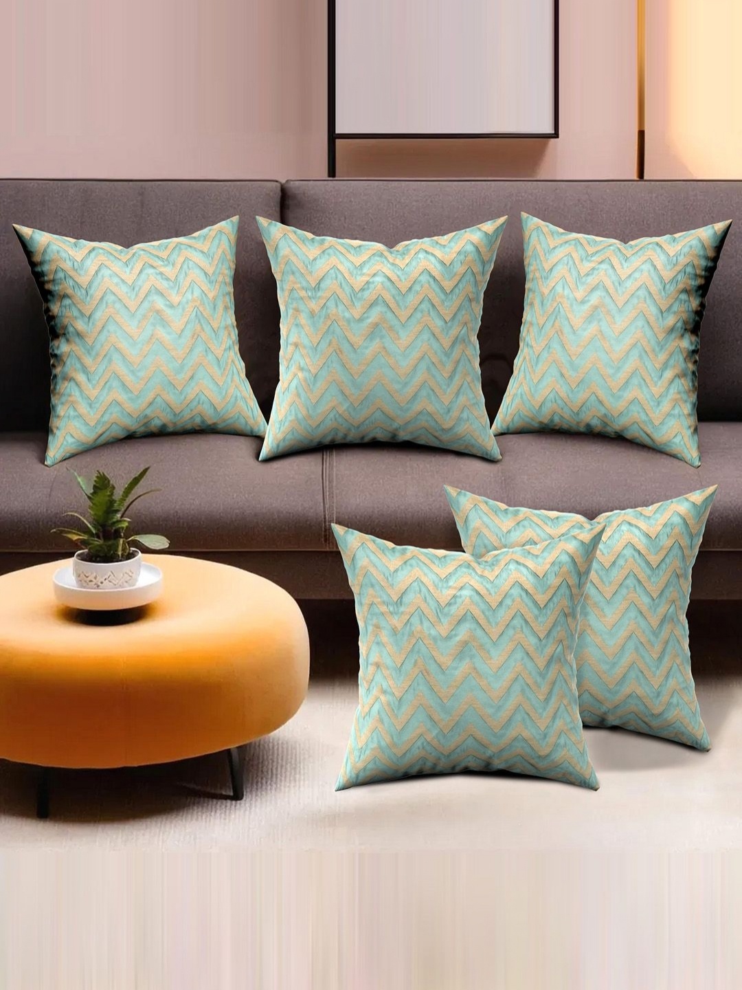 

Aura Green & Gold-Toned Set of 5 Floral Square Cushion Covers