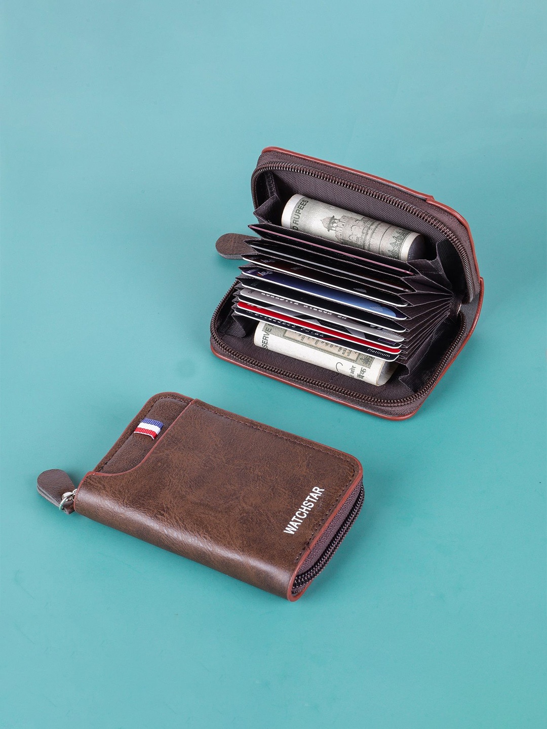 

WATCHSTAR Men Zip Detail Leather Card Holder, Brown