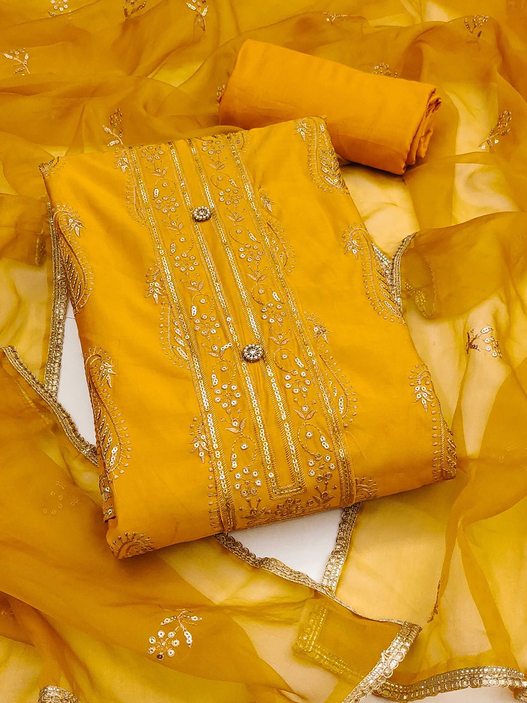 

SHADOW & SAINING Embroidered Pure Cotton Semi-Stitched Dress Material, Yellow
