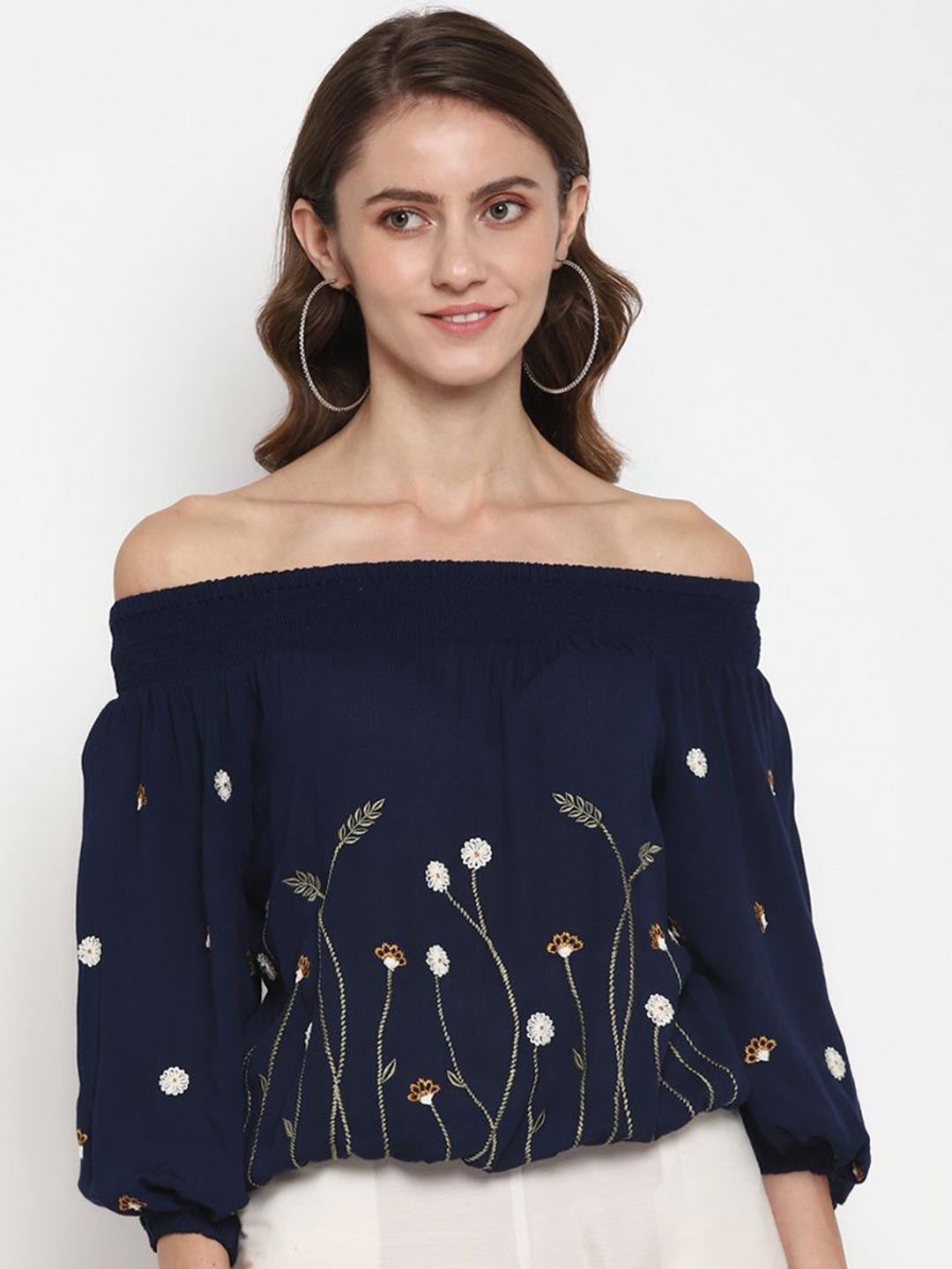 

Taurus Embellished Embroidered Off-Shoulder Top, Blue