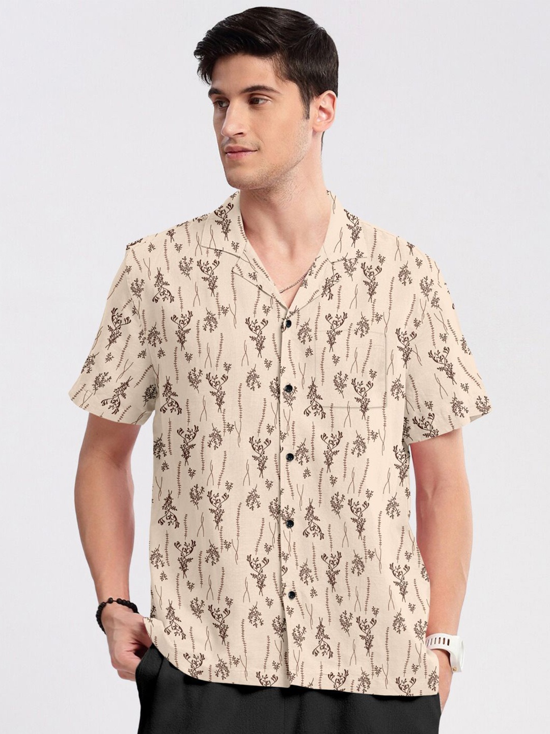 

Cotton Folk Men Comfort Floral Opaque Printed Casual Shirt, Cream
