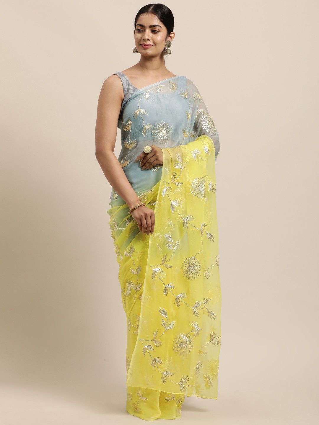 

LeeliPeeri Designer Floral Gotta Patti Organza Saree, Yellow