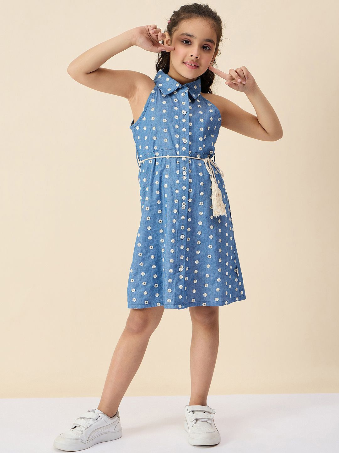 

Stylo Bug Polka Dot Embroidered Denim A-Line Dress, Blue