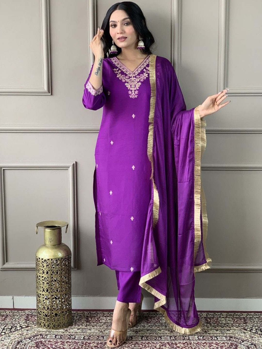 

Amrutam Fab Women Floral Thread Work Chanderi Silk Kurta with Trousers & With Dupatta, Purple