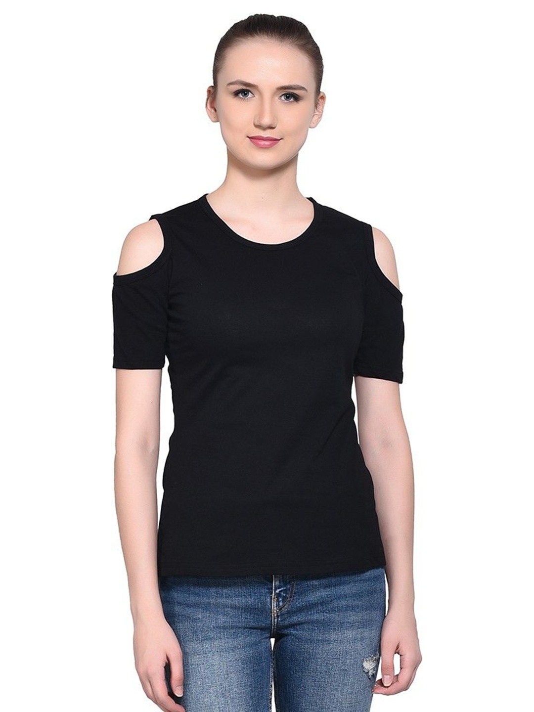 

BEYOU FASHION Women Raw Edge Slim Fit T-shirt, Black