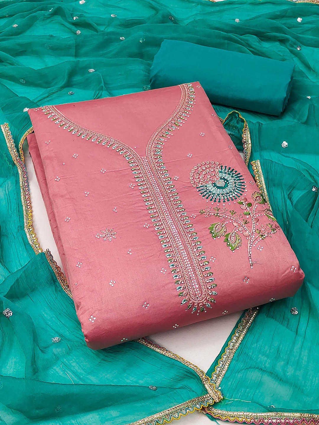

SHADOW & SAINING Embroidered Unstitched Dress Material, Pink