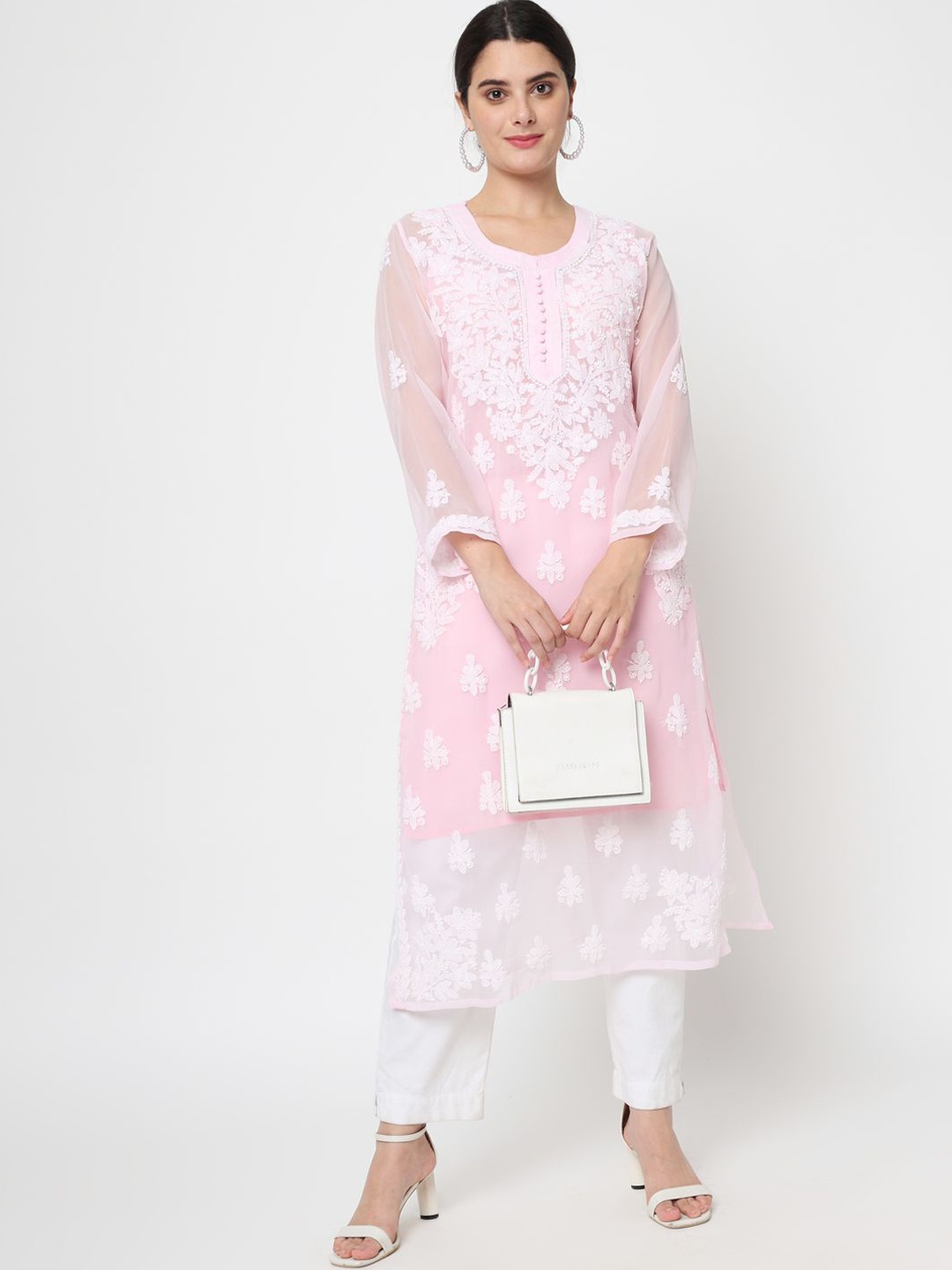 

PARAMOUNT CHIKAN Women Ethnic Motifs Embroidered Chikankari Floral Georgette Kurta, Pink