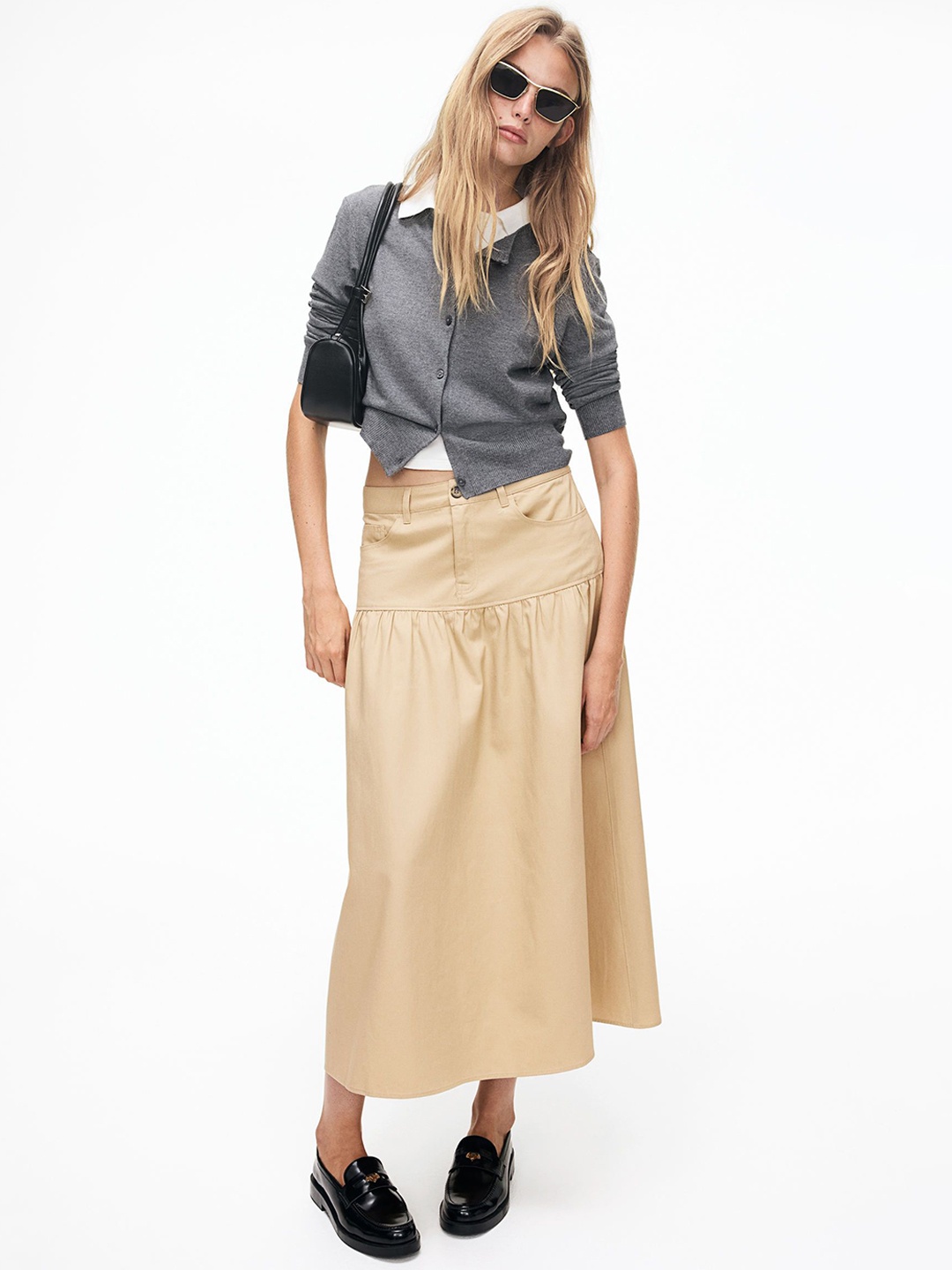 

H&M Flared-Hem Denim Skirt, Beige