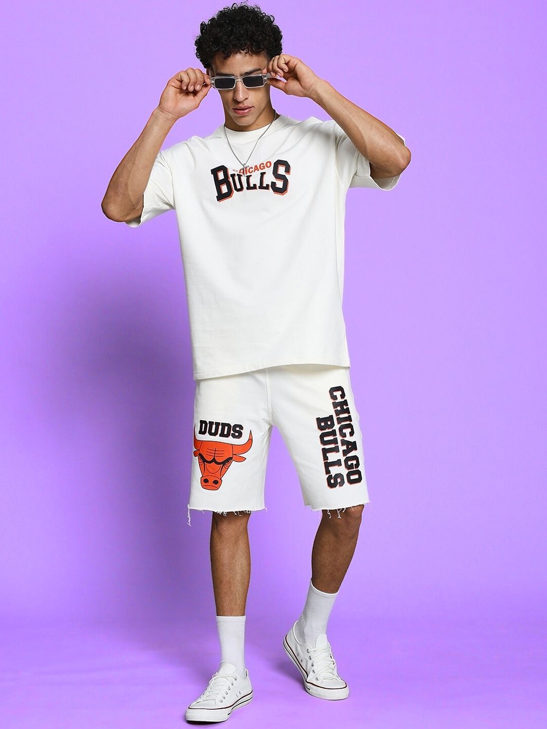 

WEARDUDS Printed Round Neck T-Shirt With Shorts Co-Ords, Off white