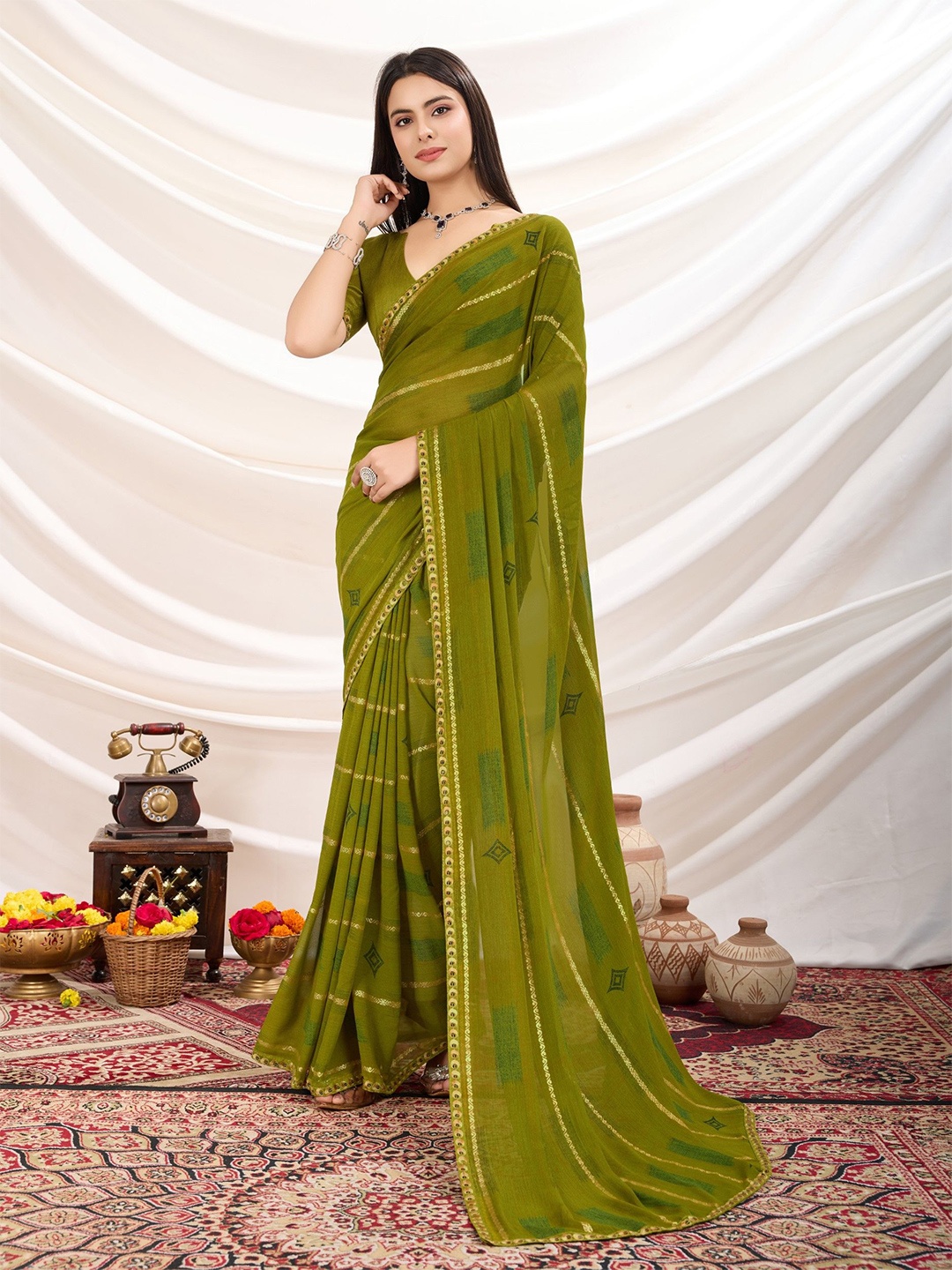 

LeeliPeeri Designer Striped Embroidered Poly Georgette Saree, Green