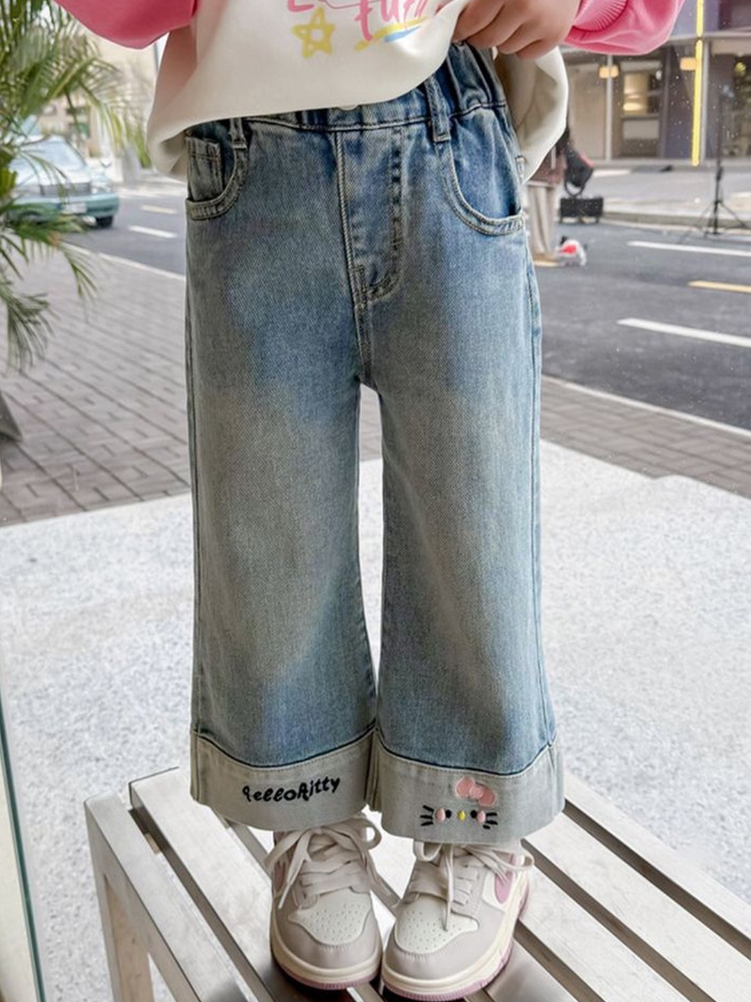 

LULU & SKY Girls Wide Leg High-Rise Low Distress Light Fade Jeans, Blue