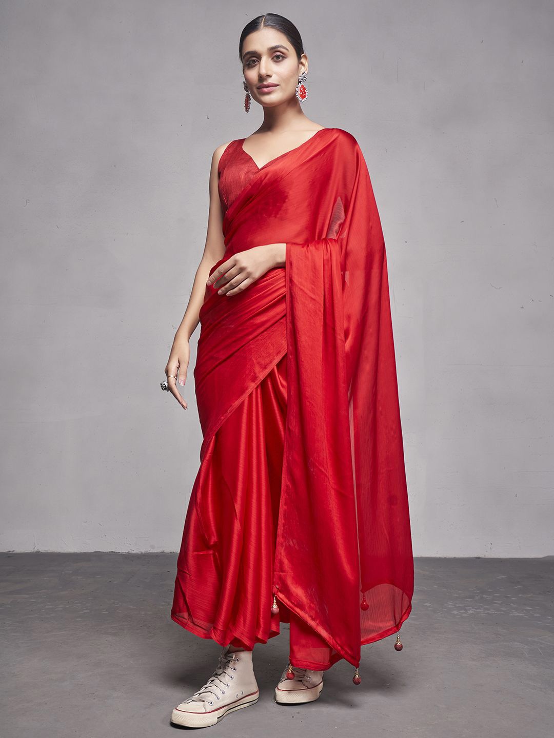 

modeva Pure Chiffon Ready to Wear Saree, Red