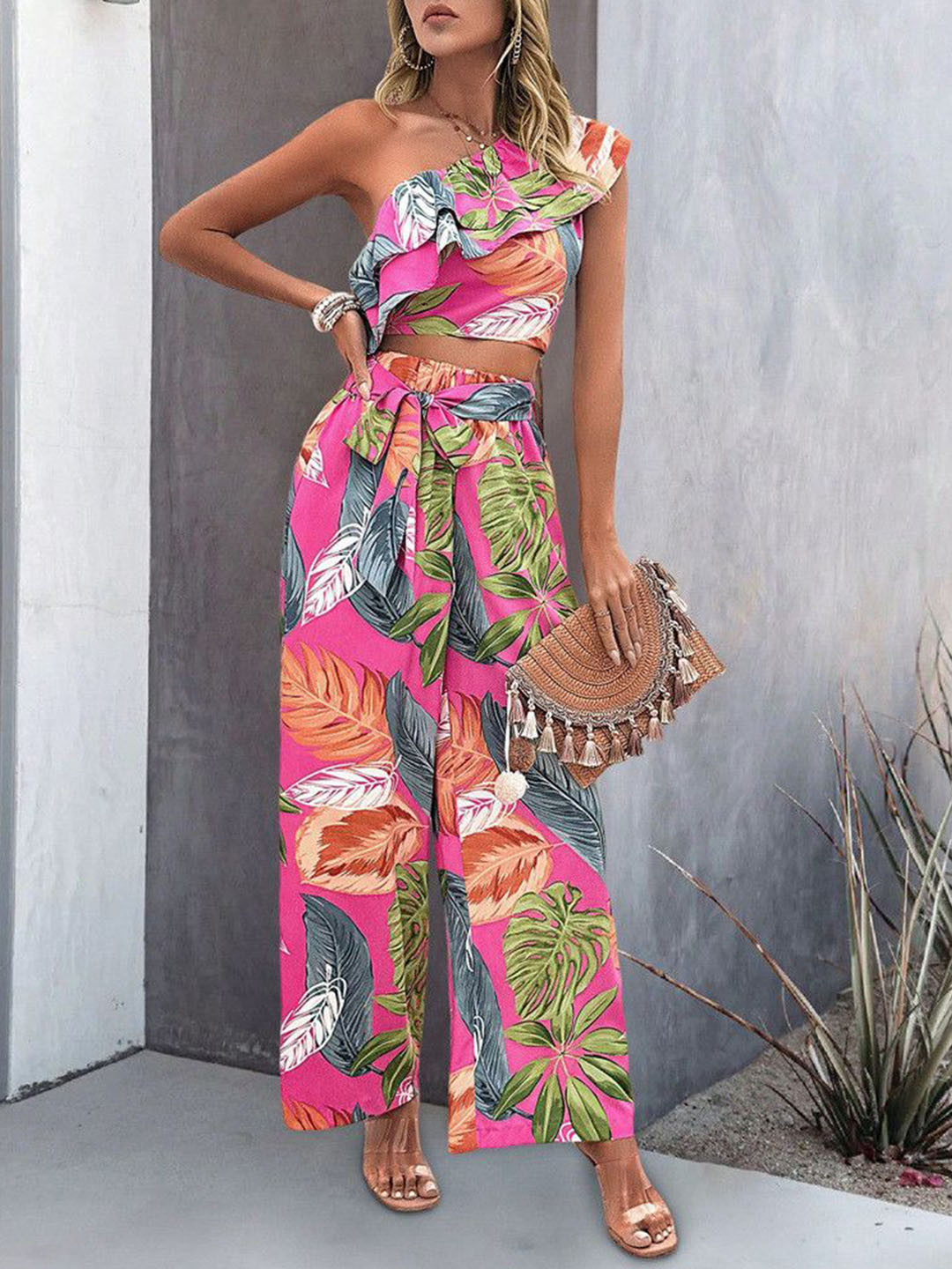 

Mast & Harbour Printed One Shoulder Top With Trousers Co-Ords, Pink