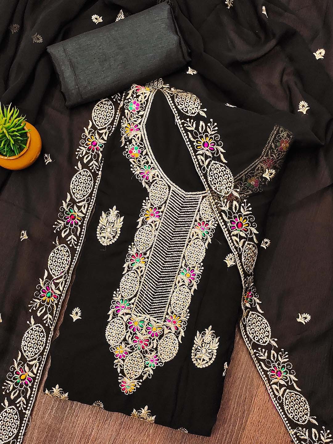 

SHADOW & SAINING Embroidered Silk Georgette Unstitched Dress Material, Black