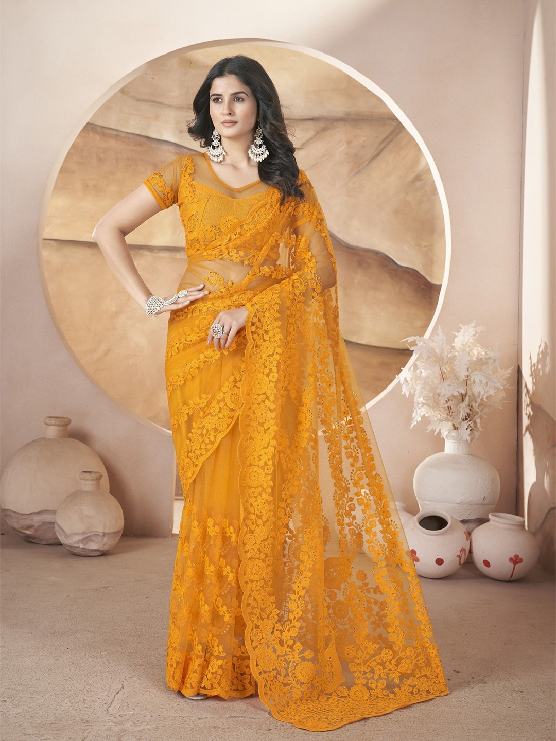 

LeeliPeeri Designer Embellished Embroidered Net Saree, Yellow