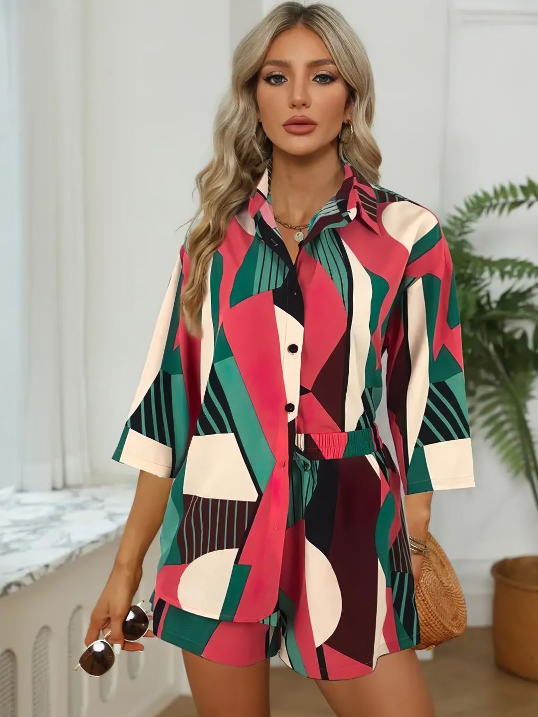 

ZWERLON Printed Shirt Collar Neck Shirt With Shorts Co-Ords, Red