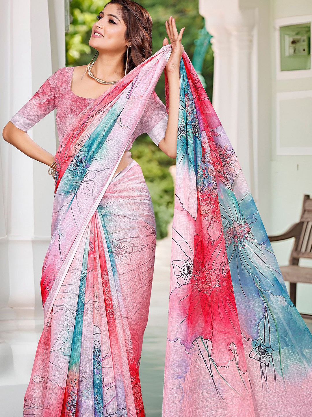 

Anouk Floral Linen Blend Saree, Pink