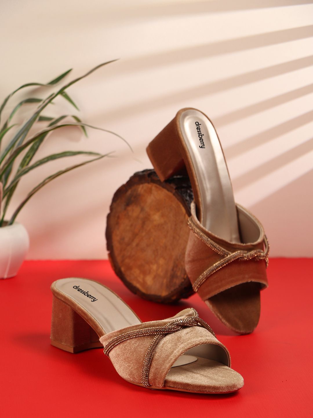 

DressBerry Velvet Party Block Sandals, Gold