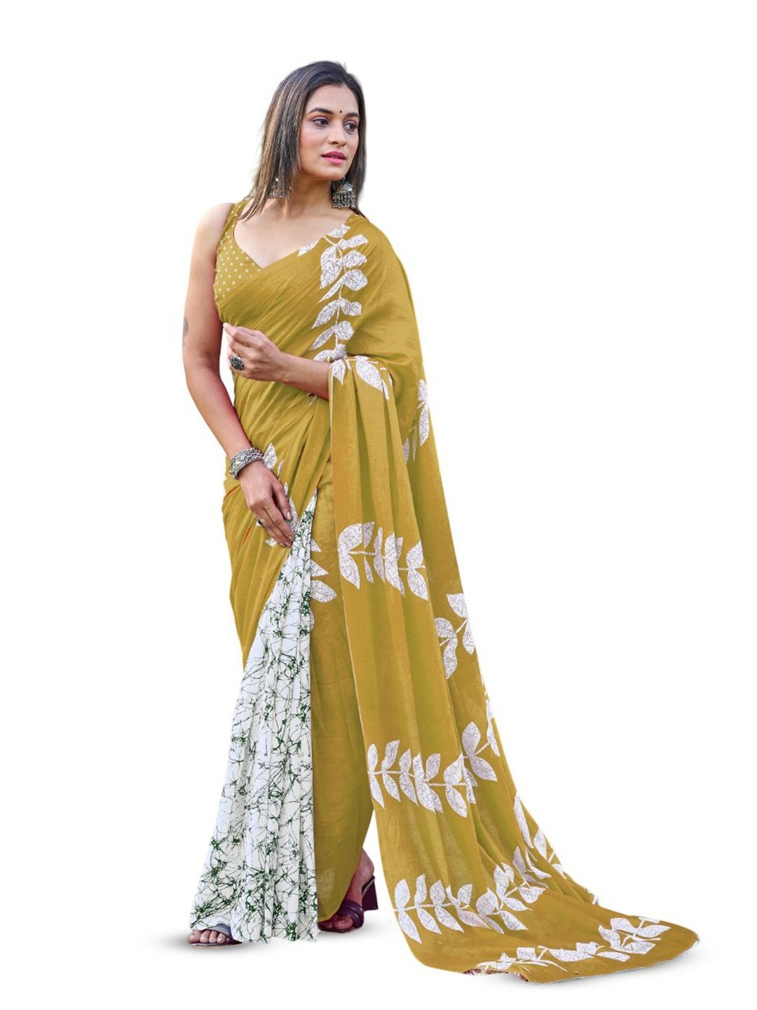 

HMP Fashion Floral Half and Half Ikat Saree, Olive