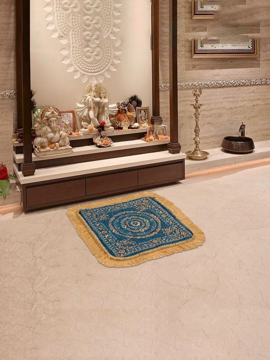 

Aura Beige & Blue Rangoli Printed Velvet Comfortable Pooja Floor Mat