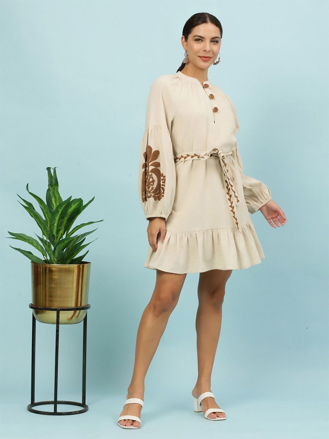 

ECO LEAS BY SHIPRA Linen Fit & Flare Dress, Beige