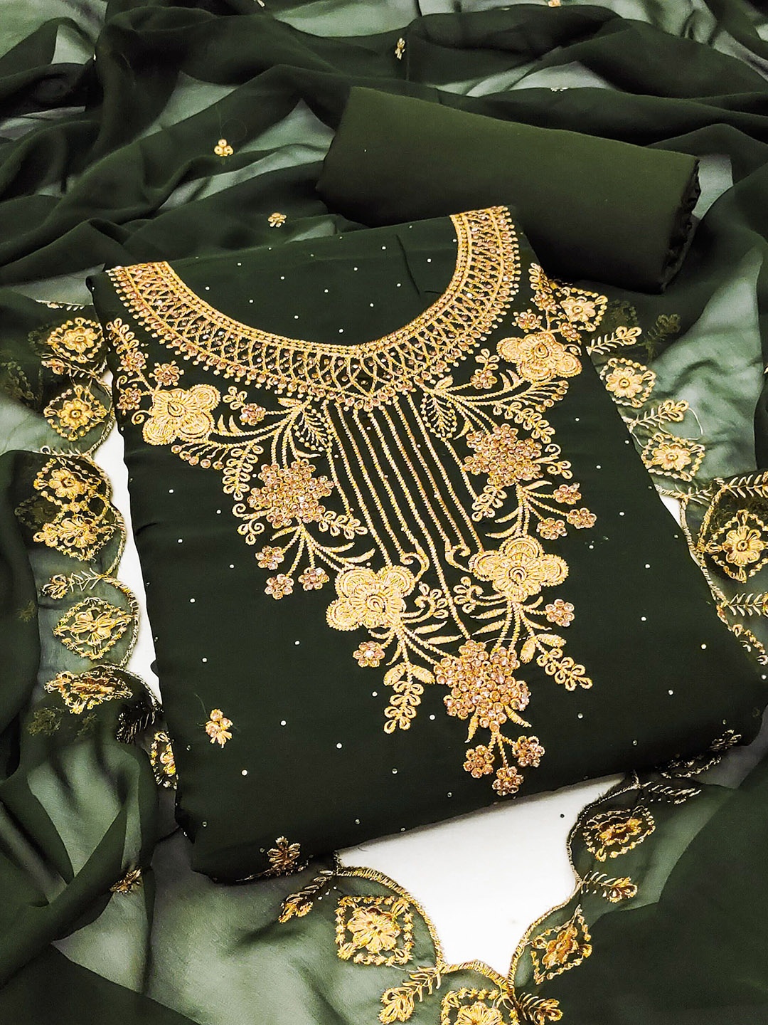

SHADOW & SAINING Embroidered Silk Georgette Unstitched Dress Material, Green