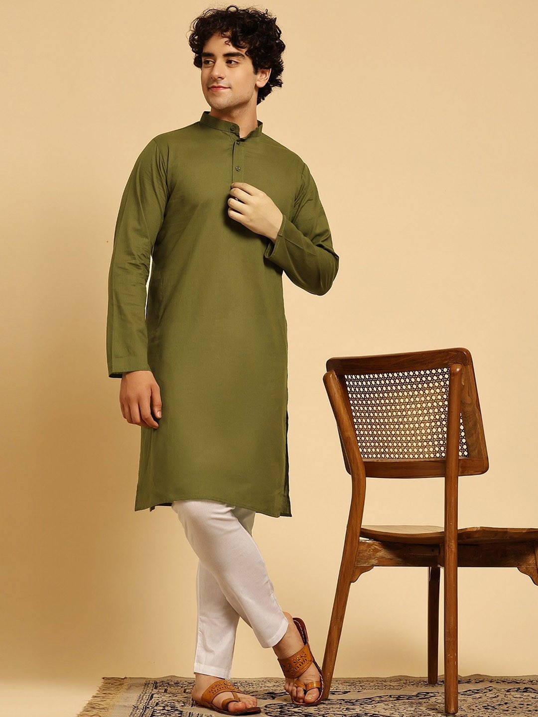 

SKAVIJ Men Regular Pure Cotton Kurta with Pyjamas, Olive