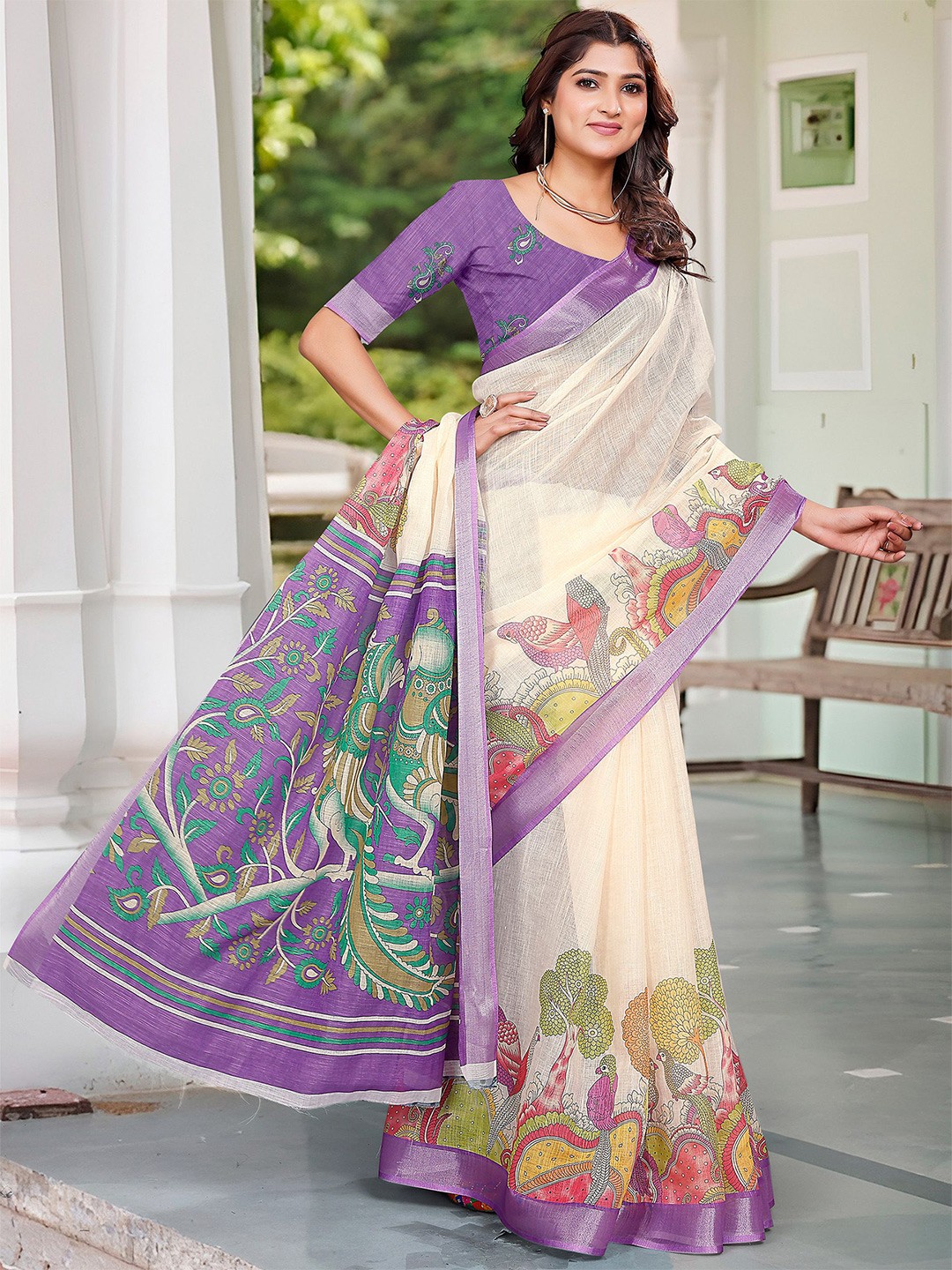 

Anouk Floral Zari Linen Blend Saree, Cream