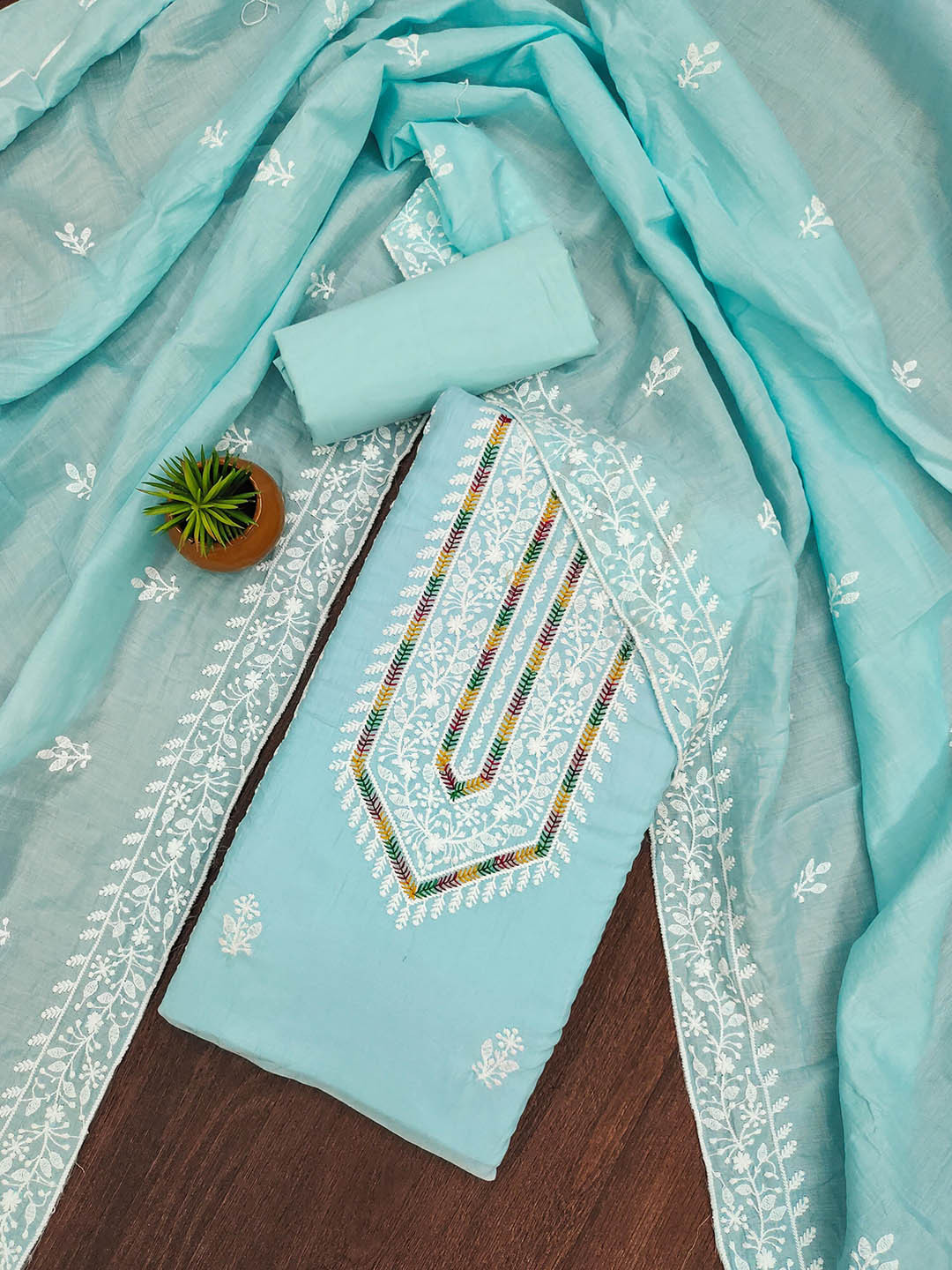 

SHADOW & SAINING Embroidered Pure Cotton Unstitched Dress Material, Blue
