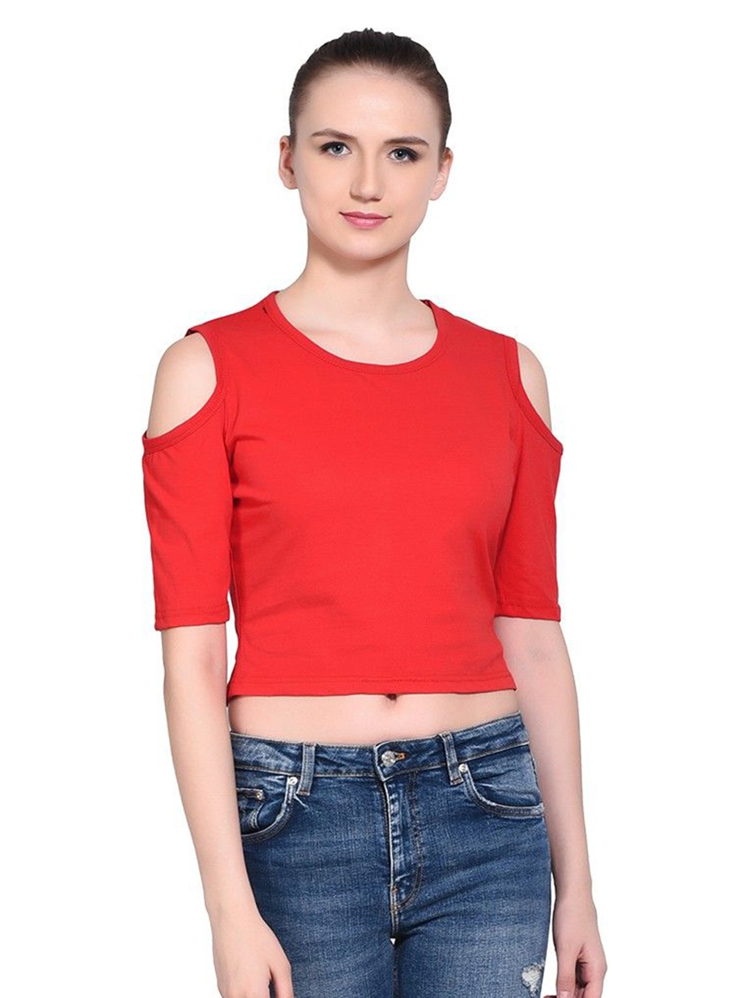 

BEYOU FASHION Women Extended Sleeves Raw Edge Slim Fit T-shirt, Red