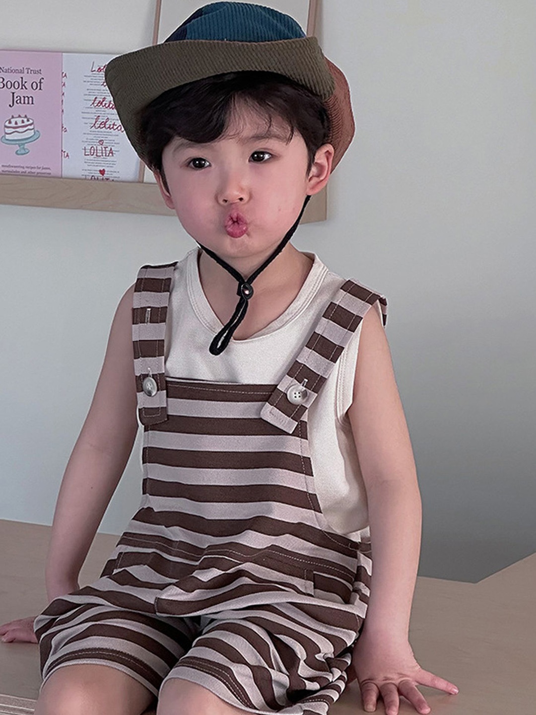 

LULU & SKY Boys Striped Pure Cotton Short Dungaree, Brown