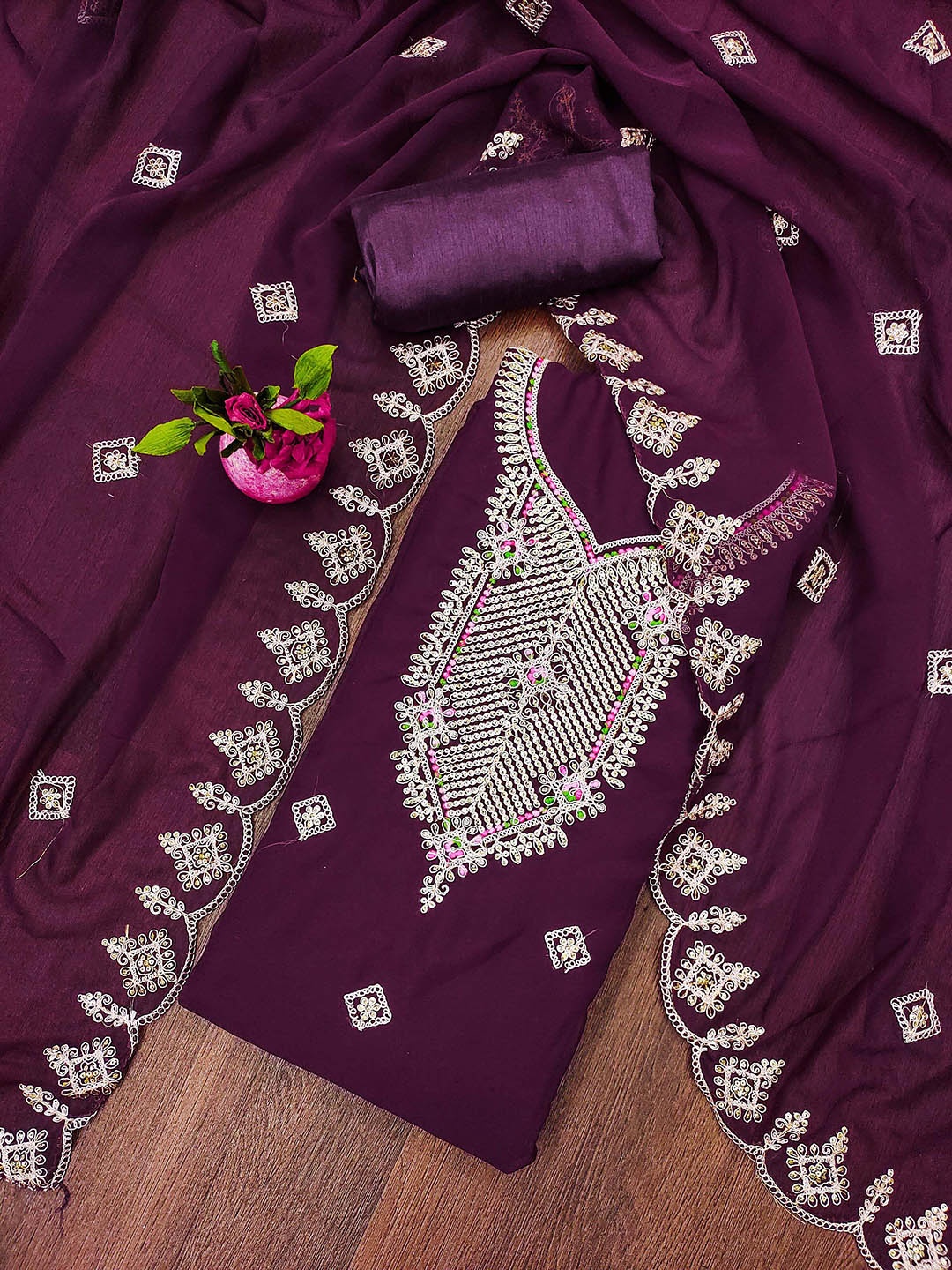 

SHADOW & SAINING Embroidered Silk Georgette Unstitched Dress Material, Purple