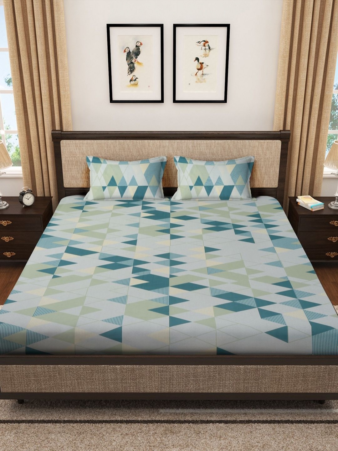 

Myntra Elegant Homes Blue & White Geometric 400 TC King Bedsheet with 2 Pillow Covers