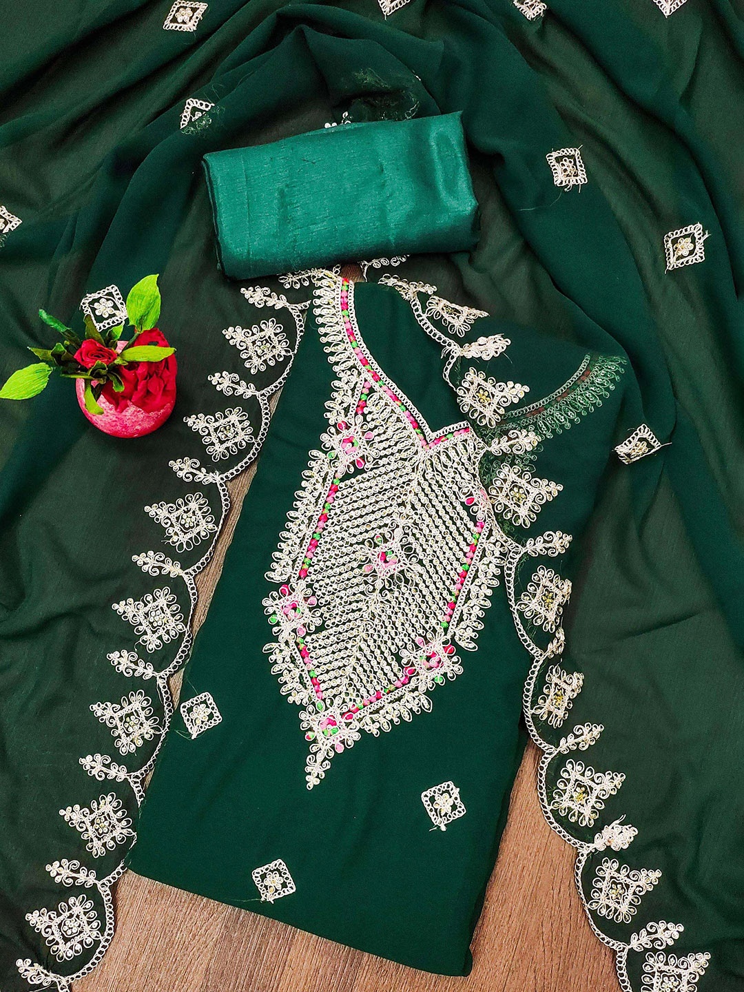 

SHADOW & SAINING Embroidered Silk Georgette Unstitched Dress Material, Green