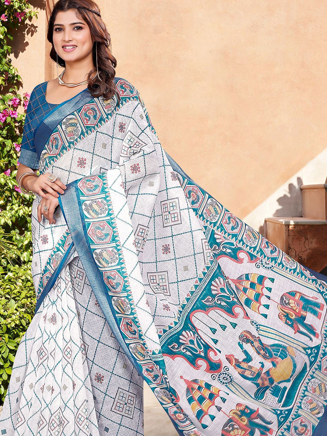 

Anouk Linen Blend Designer Saree, White