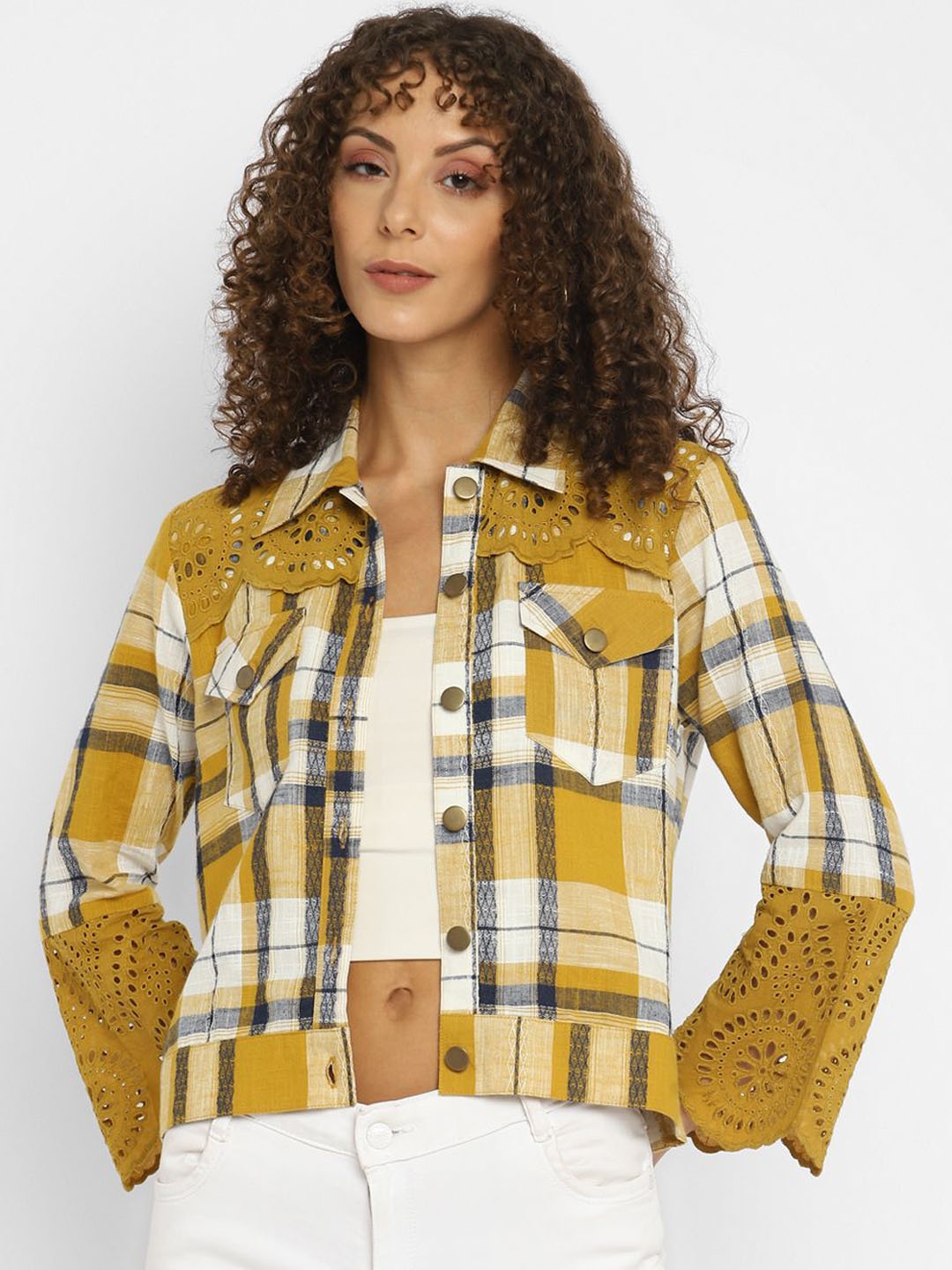 

Taurus Women Checked Denim Jacket, Yellow