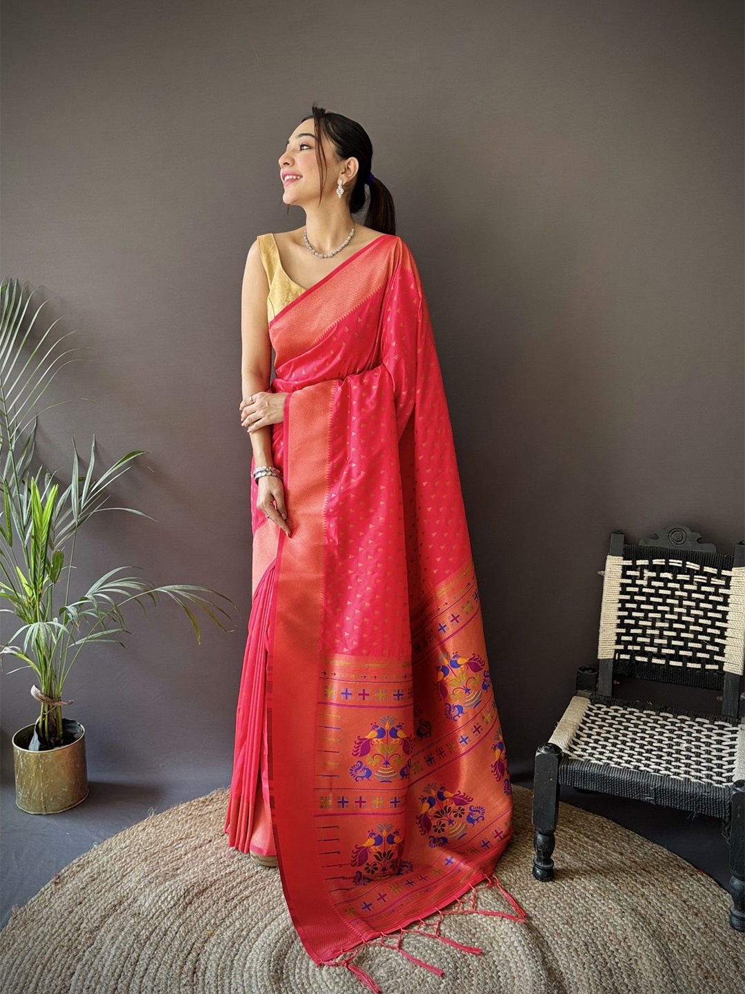 

LeeliPeeri Designer Woven Design Zari Silk Blend Paithani Saree, Red