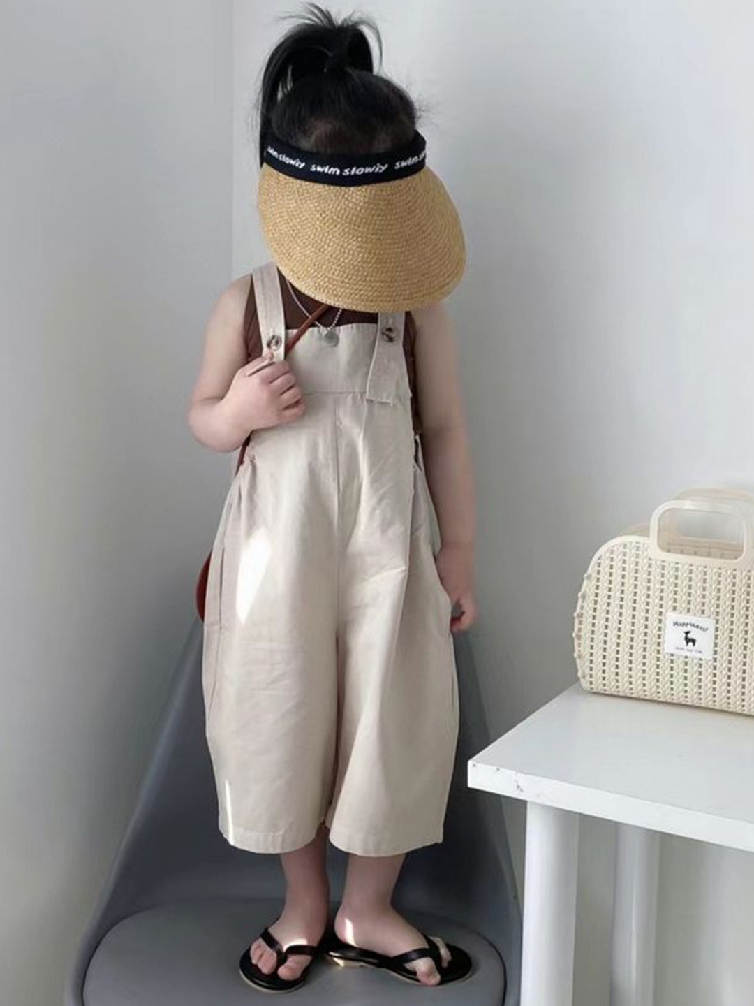 

LULU & SKY Girls Pure Cotton Buttoned Dungaree, Beige