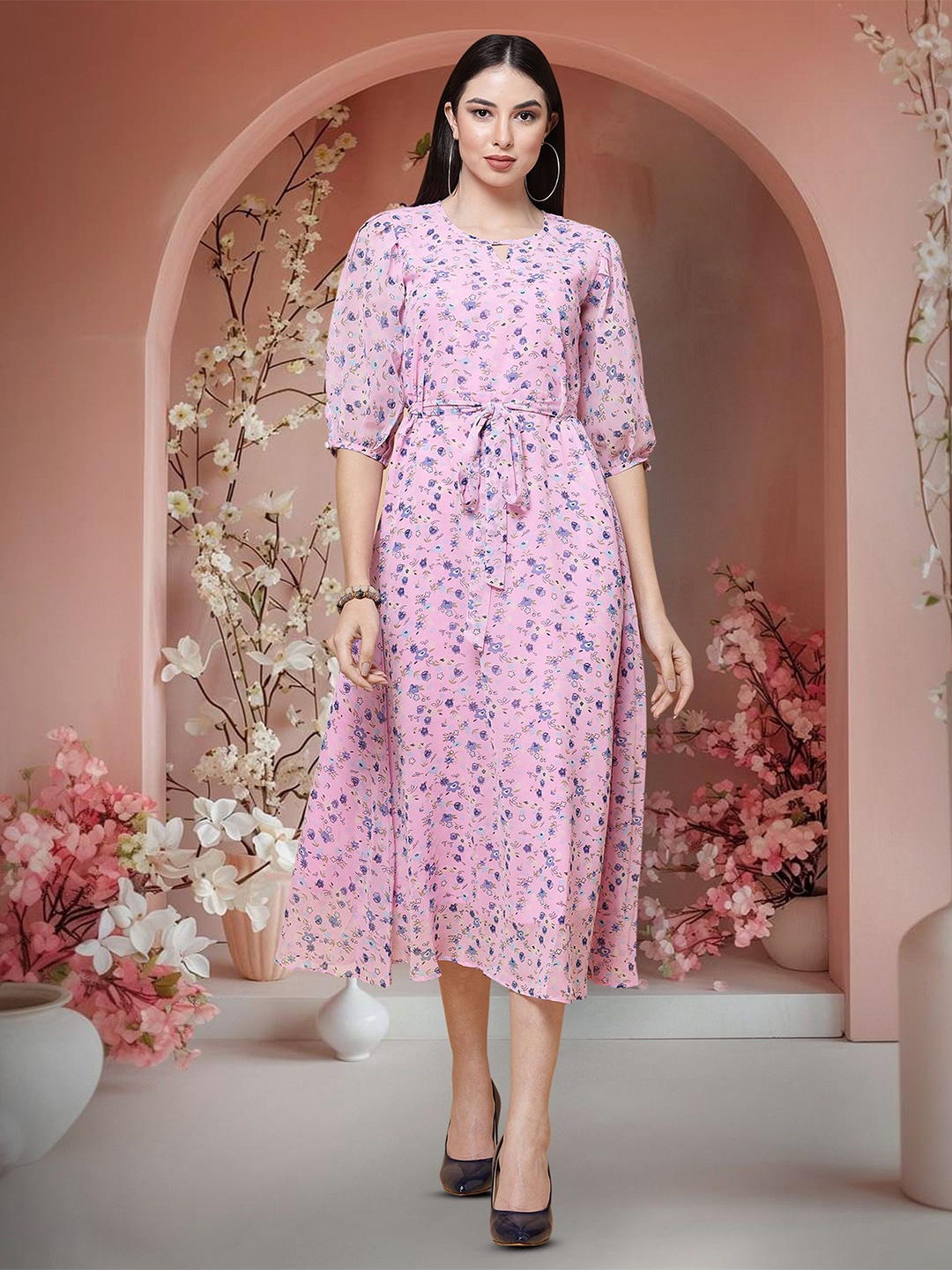 

SZN Floral Print Keyhole Neck Applique A-Line Midi Dress, Pink