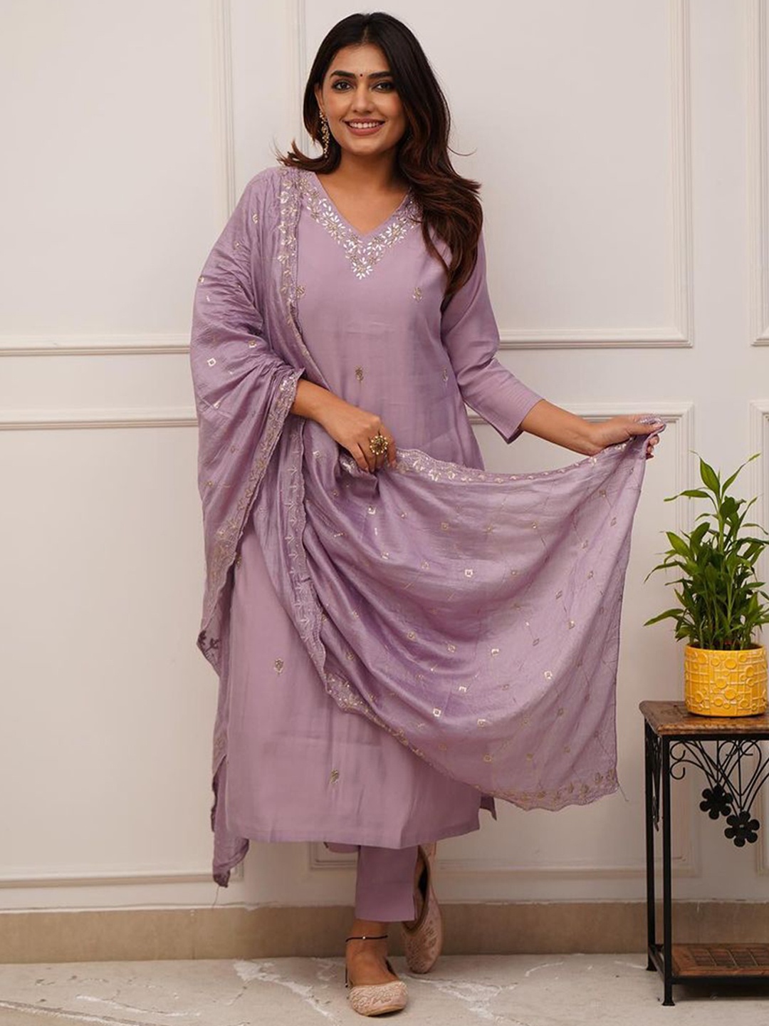

Mitera Women Embroidered Regular Chanderi Silk Kurta with Trousers & With Dupatta, Purple