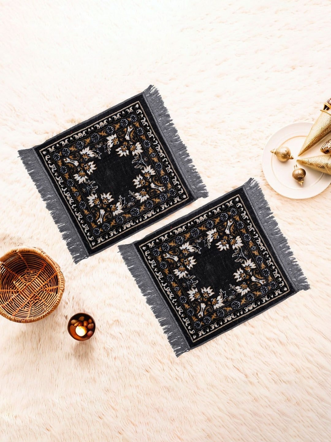 

Aura Grey 2 Piece Floral Printed Velvet Finish Pooja Sitting Floor Mat