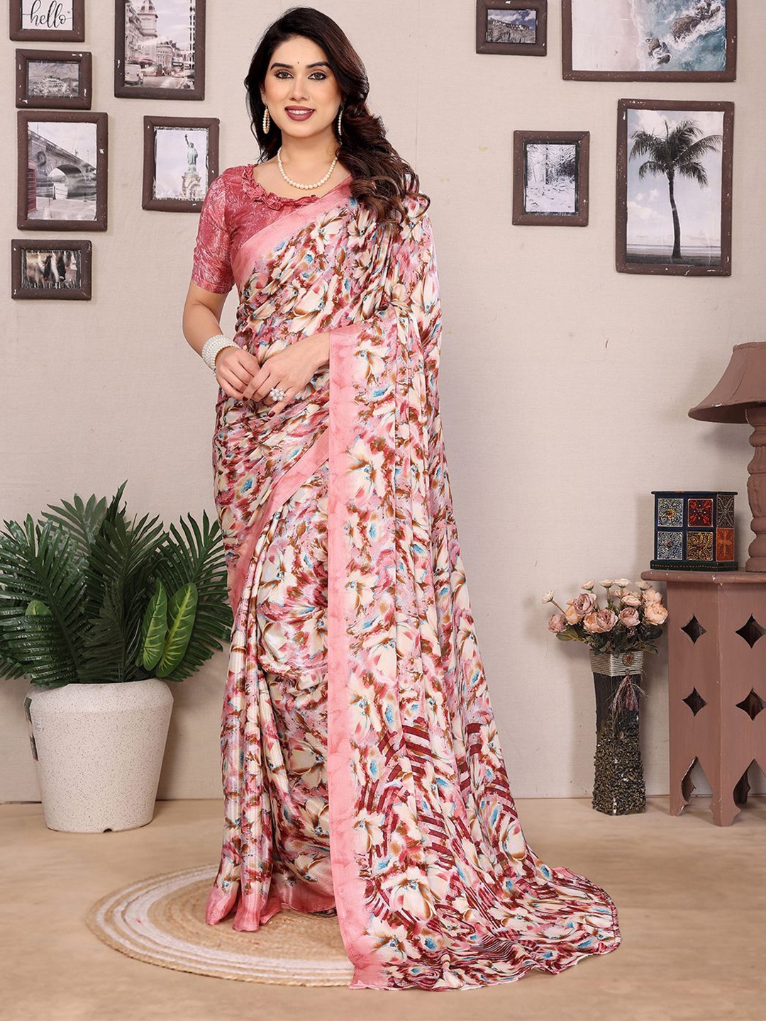 

Moda Rapido Floral Silk Blend Saree, Peach