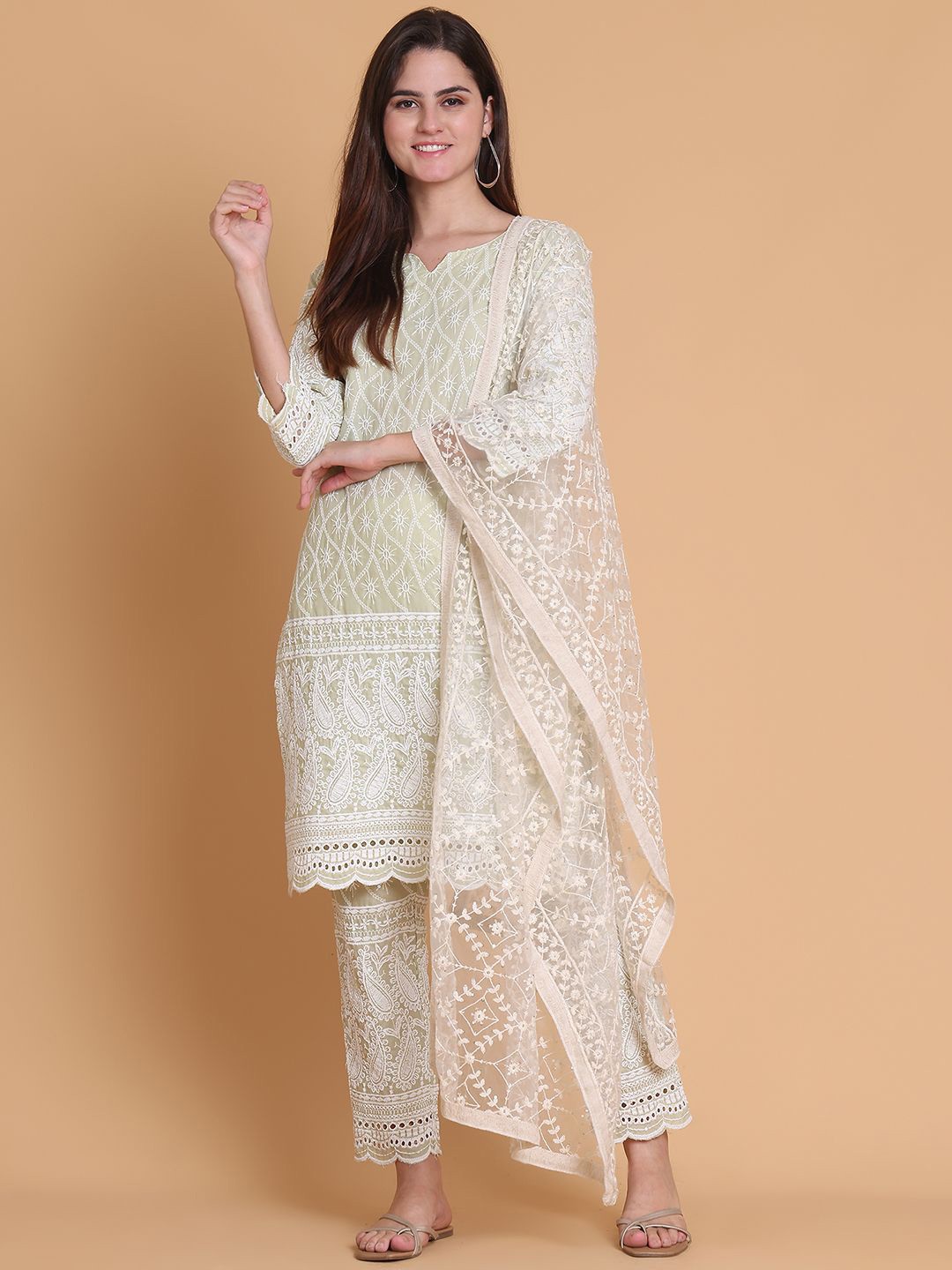

Anouk Women Embroidered Regular Sequinned Pure Cotton Kurta with Trousers & With Dupatta, Cream