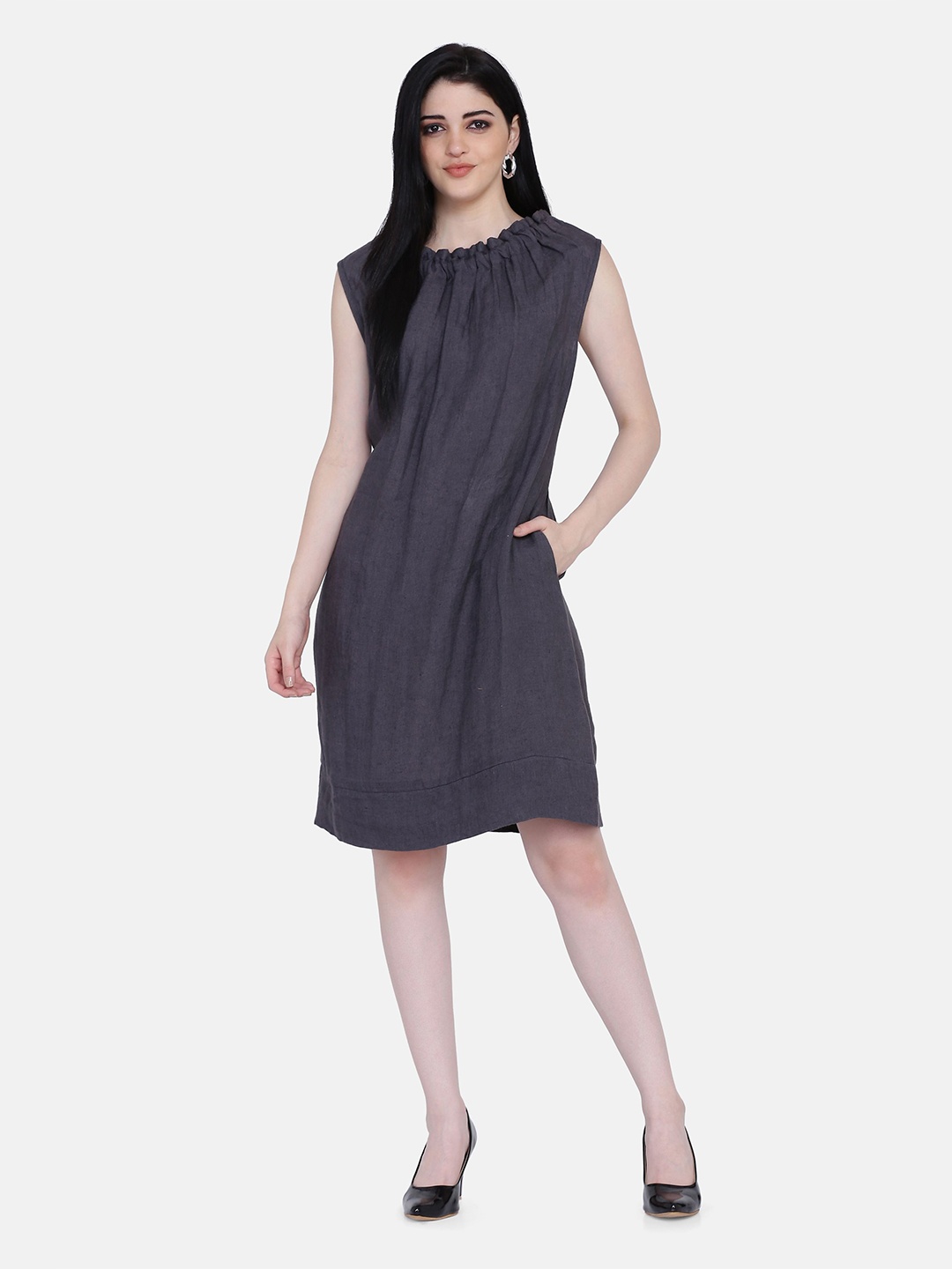 

ECO LEAS BY SHIPRA Linen A-Line Dress, Grey