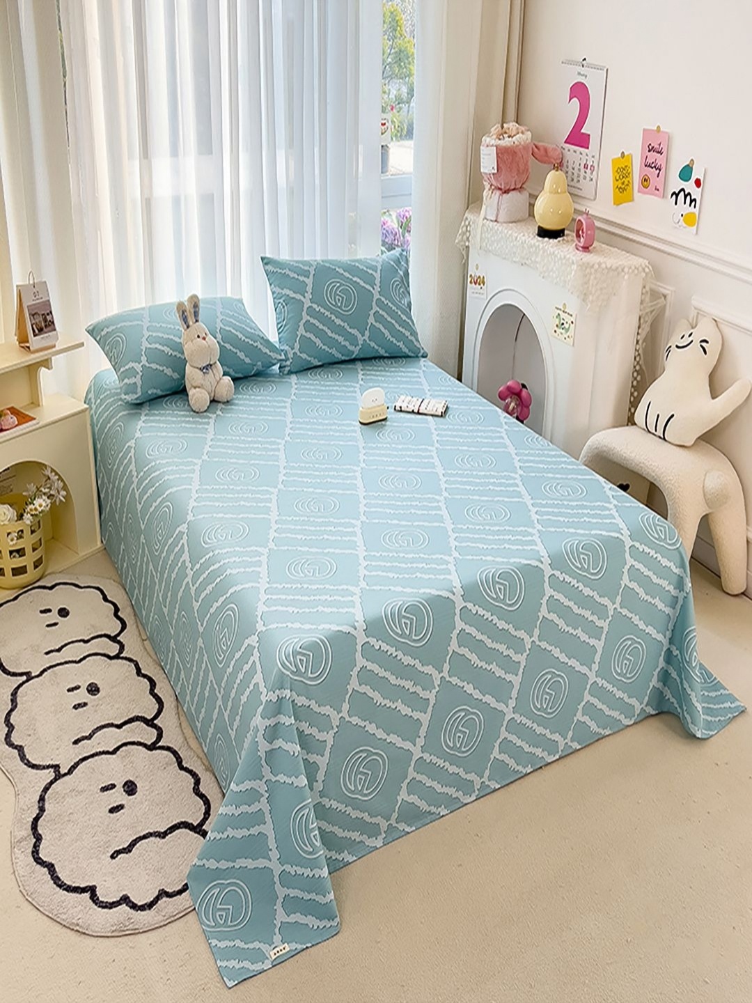 

JC HOME Blue & White Geometric 140 TC Single Bedsheet with 1 Pillow Covers