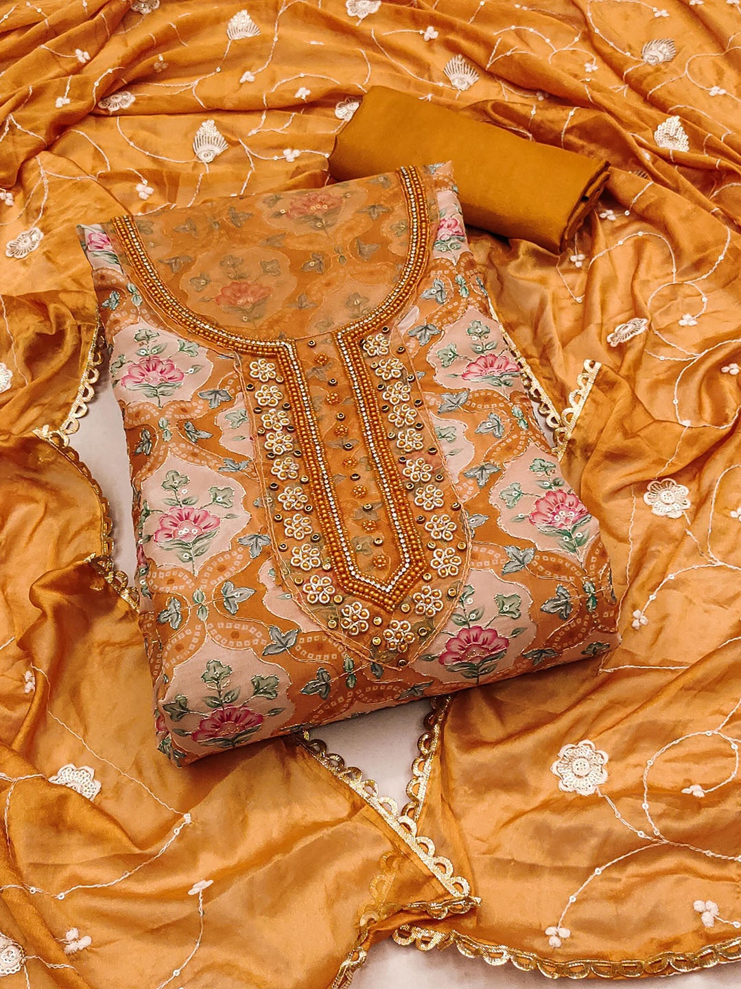 

SHADOW & SAINING Embroidered Organza Semi-Stitched Dress Material, Mustard