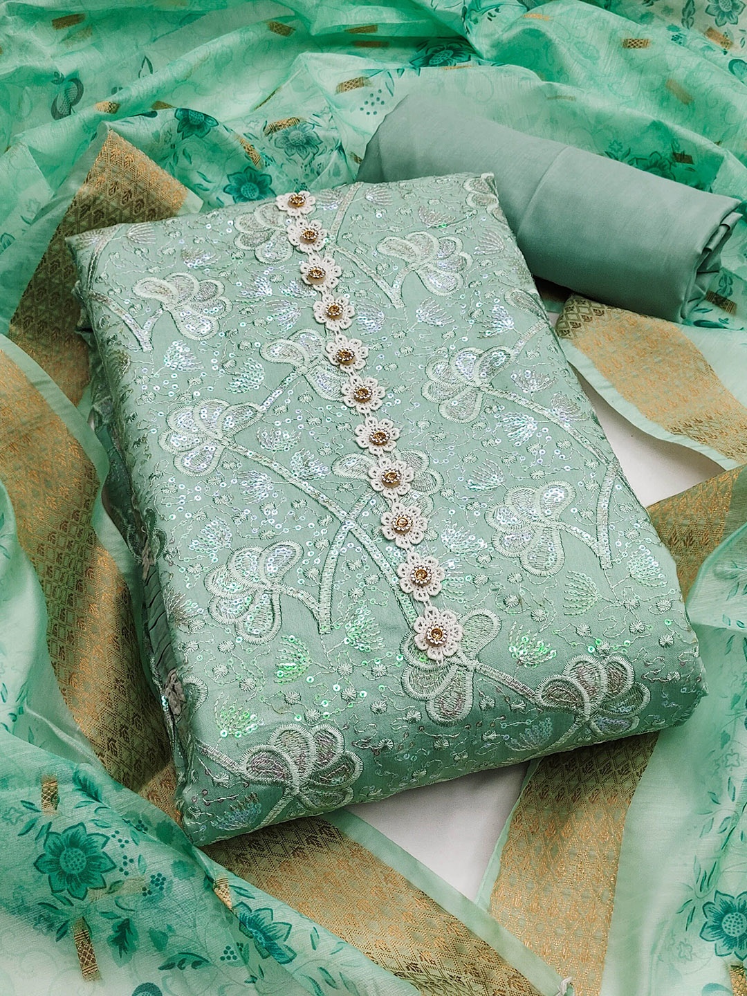 

SHADOW & SAINING Embroidered Pure Silk Semi-Stitched Dress Material, Sea green